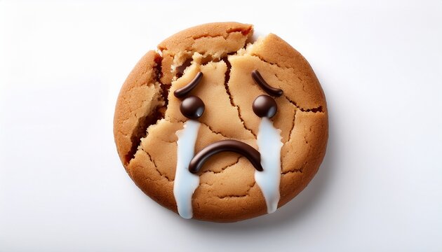 sad cookie with bite missing crying tears isolated on white background
