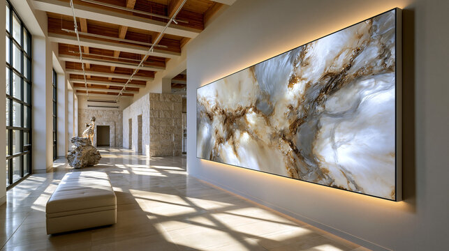 Ein langer, heller Ausstellungsflur mit Holzdecke zeigt ein gro&szlig;formatiges beleuchtetes Marmor-Kunstwerk an der Wand.
