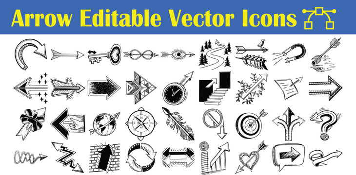 Arrow editable vector icons set showing directional symbols and navigation pointers with direction navigation wayfinding interface collection editable movement backward interactive