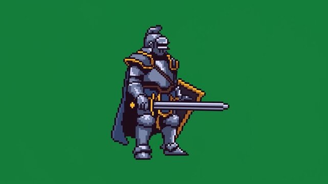 Static shot of pixel sprite knight performing idle sword and shield animation on plain green background for game art