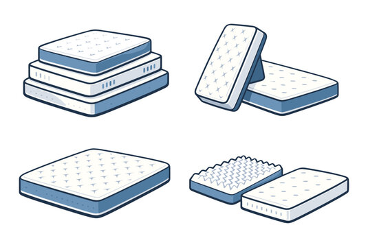 Mattress collection presenting different mattress designs, including layered, memory foam, and classic spring mattresses for sleep