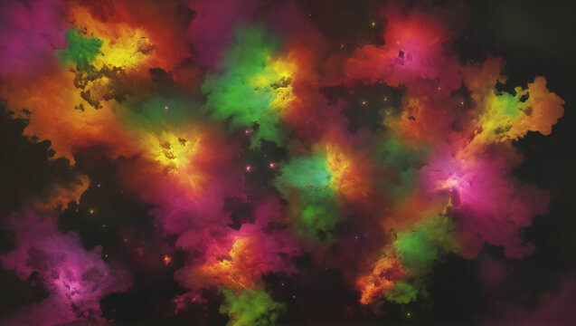 High-resolution abstract digital illustration of a dense cosmic nebula featuring vibrant mixtures of red, orange, pink, yellow, and green gas clouds with subtle glowing stars in deep space.