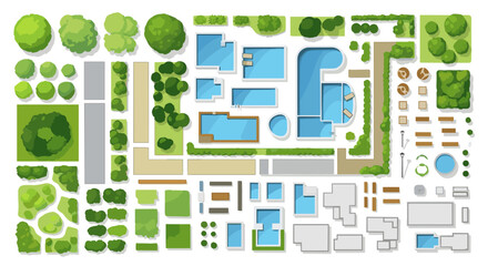 Obraz premium Vector set of architectural landscape assets including pool designs trees and outdoor seating arrangement.