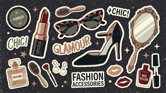 Vintage style fashion and beauty accessories sticker collection on dark background