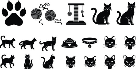 Cat life silhouette flat vector illustration featuring paw print, yarn ball, scratching post, food bowl, collar, feline face design art, black‑and‑white drawing © MST RAMANA
