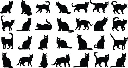 Cat silhouette flat vector illustration featuring sitting, standing, walking, stretching, lying feline posture design art, domestic pet icon, black‑and‑white drawing © MST RAMANA