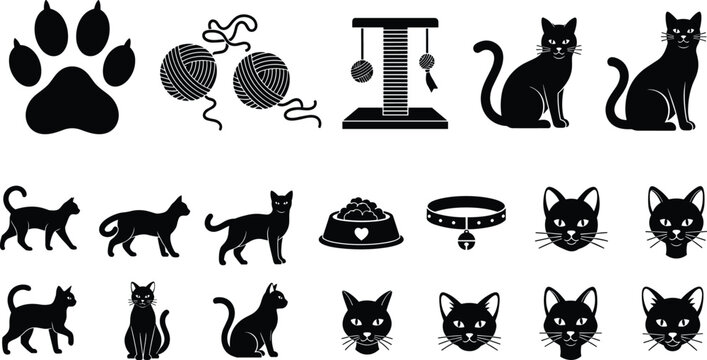 Cat life silhouette flat vector illustration featuring paw print, yarn ball, scratching post, food bowl, collar, feline face design art, black‑and‑white drawing