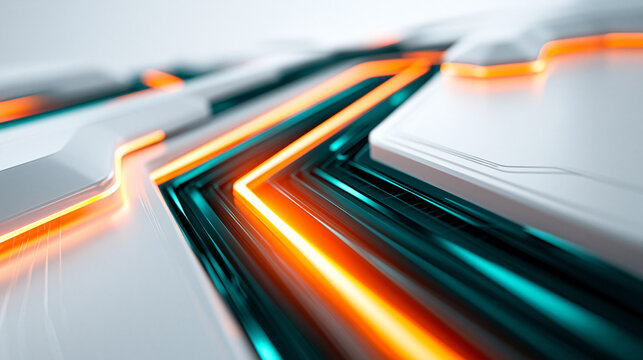 Futuristische, leuchtende t&uuml;rkis-orange Leiterbahnen und Kurven auf wei&szlig;er Oberfl&auml;che in Nahaufnahme.