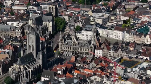 An panoramic aerial view around the old town in the city of Gent or Ghent on a sunny summer noon in Belgium
