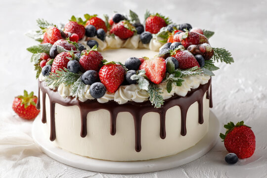 White cake with a wreath made of strawberries and blueberries and chocolate drips on the white background 