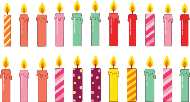 Colorful birthday candle illustration set, festive celebration artwork collection, party decoration vector design, cheerful flame graphic drawing