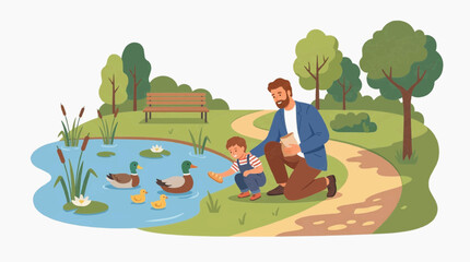 Fototapeta premium A father and child feeding ducks in a park pond. The father, with a beard and blue jacket, kneels beside the child, who wears a denim overall and feeds the ducks.