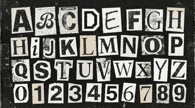 Alphabet and numbers cutout collage from magazine snippets on a dark textured background