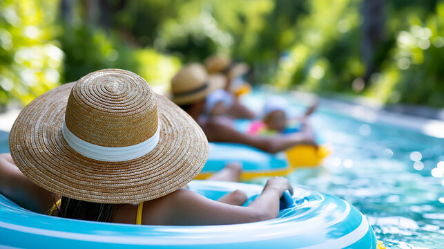 Anonymous family enjoying a lazy river ride through lush greenery in sunny ambiance, water park relaxation and vacation concept, faceless, defocused, with copy space