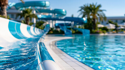 Empty aqua park water slides standing in summer sunlight with blue clear pool and resort palm trees, time-to-relax travel concept, defocused, with copy space