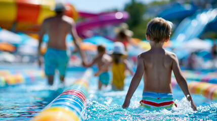 Obraz premium Anonymous happy family having fun at a water park during summer vacation, outdoor entertainment and family lifestyle concept, faceless, defocused, with copy space