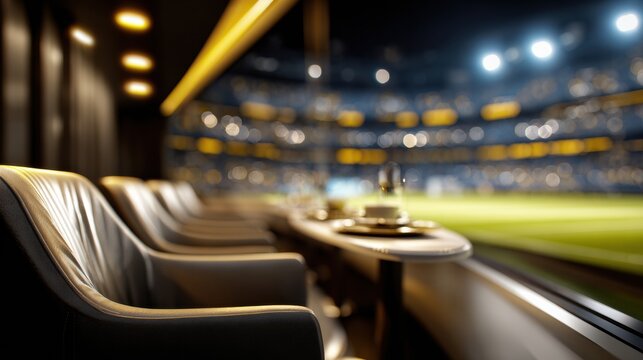 This setting showcases premium seating overlooking a well-lit football field, providing an upscale hospitality experience for guests.
