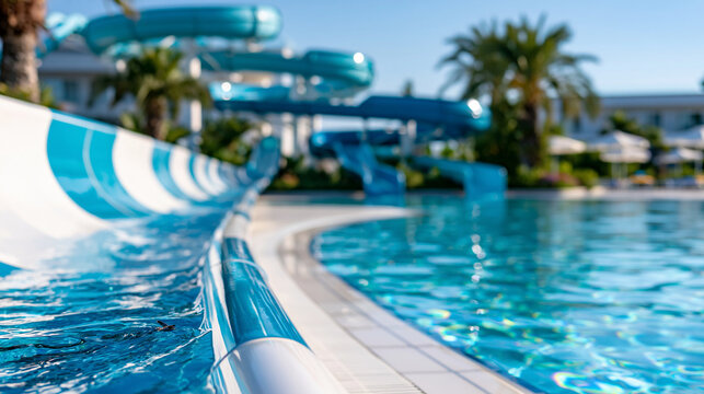 Empty aqua park water slides standing in summer sunlight with blue clear pool and resort palm trees, time-to-relax travel concept, defocused, with copy space
