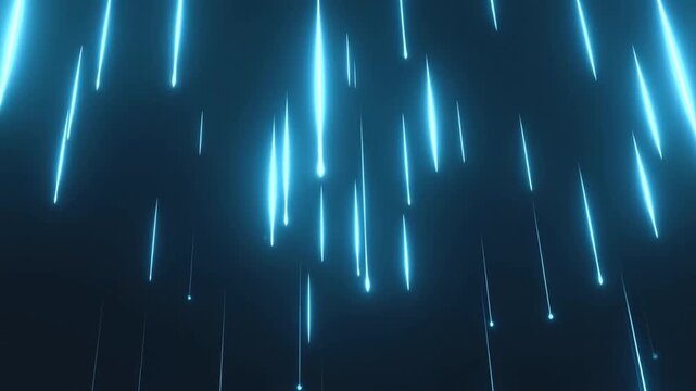 Slow motion static shot of glowing light streaks falling and trailing downward in dark digital space background