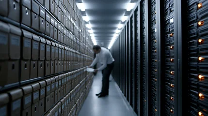 Ein Archivkorridor mit gestapelten Kartonboxen auf Regalen neben einer Serveranlage. © Nick Freund