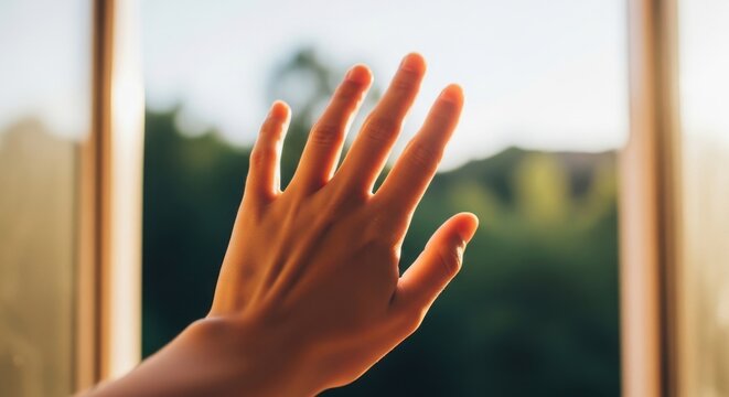 Hand Reaching for Sunlight: A close-up shot of a person's hand, fingers splayed, touching a windowpane as warm sunlight streams through, casting a gentle glow. The scene evokes feelings of hope.