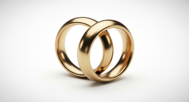 Golden Wedding Bands: Two elegant gold wedding bands are intertwined, symbolizing eternal love and commitment, set against a clean, bright backdrop.