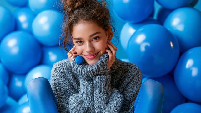 Ein lachendes junges M&auml;dchen in grauem Strickpullover telefoniert vor einem Hintergrund aus blauen Luftballons.