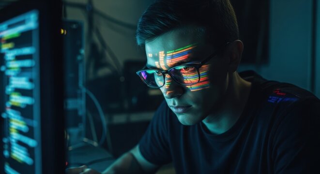 Hacker at Work: A focused coder, illuminated by the glowing screen of his computer, works diligently into the night, lines of code reflecting in his glasses.