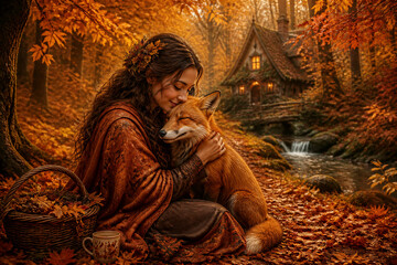 Obraz premium Young woman embracing fox near woodland cottage in autumn
