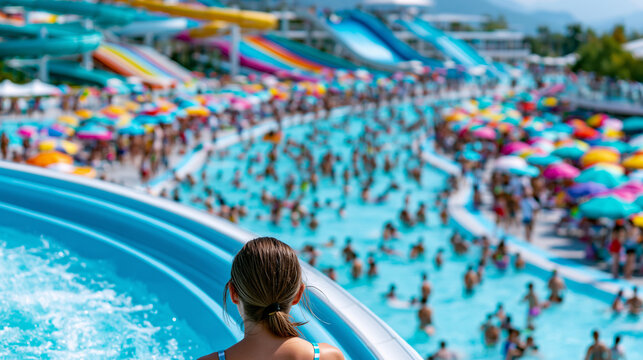 Wide aerial view of a packed outdoor water park with dozens of anonymous visitors in pools and on slides during peak summer season, resort scale and tourism concept, faceless,