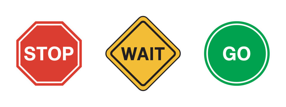 Stop wait go vector signs set, traffic control and action status symbols for instruction, workflow and decision making design