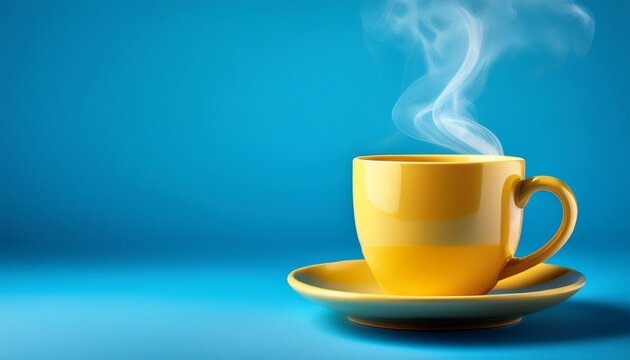 yellow hot cup of coffee with smoke on pastel blue background copy space