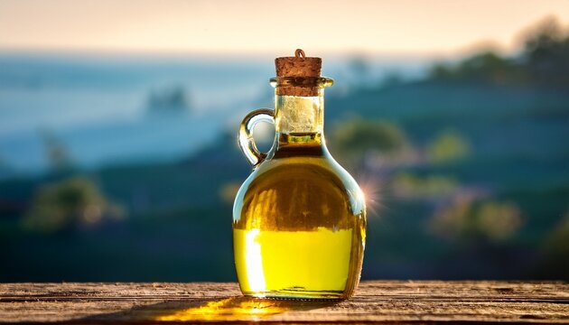 full bottle of olive oil cork stopper sunlight diet texture organic
