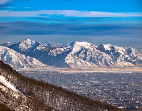 snow capped wasatch mountains overlooking salt lake city white mountain range