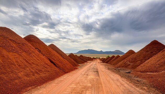 a rugged dirt road flanked by large mounds of reddish brown material under a cloudy sky leading toward distant mountains
