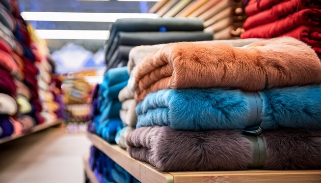 stacks of warm fleece blankets in a variety of colors on display at a retail store offering cozy home textiles