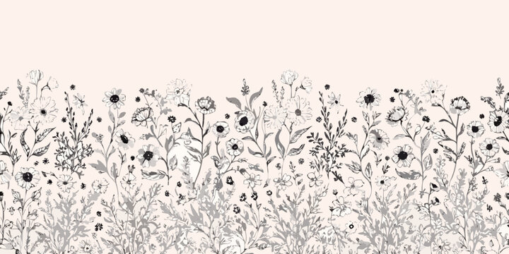 Vintage botanical floral ornament with delicate line work on a pale background