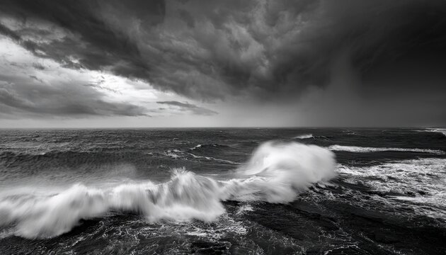 a dramatic black and white photo of turbulent ocean waves crashing under a stormy sky