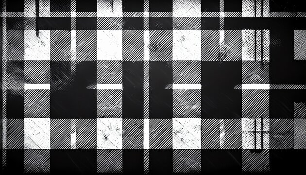grunge black and white plaid patterns distressed checkered textures with rough ink splatter and worn fabric backgrounds