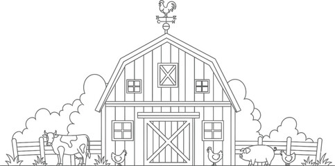 Fototapeta premium Farm scene coloring page vector drawing book with line art for kids and adults