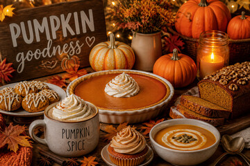 Fototapeta premium Pumpkin desserts arranged on wooden table with fall decor