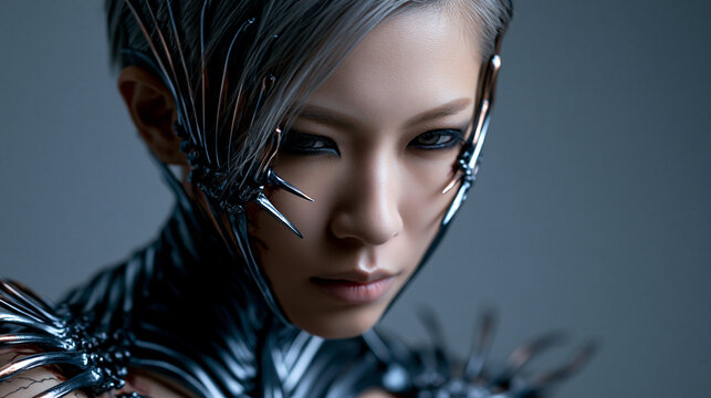 Ein futuristisches Cyborg-Gesicht mit metallischen Stacheln und intensivem Blick vor hellem Hintergrund.
