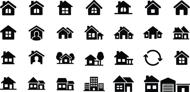House icon silhouette collection with diverse residential building designs including single homes, duplexes, apartments, and family housing