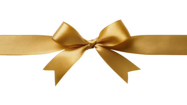 Golden satin ribbon bow tied in the middle, isolated on transparent background