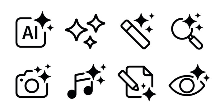 Black UI icons with sparkles, element vector set
