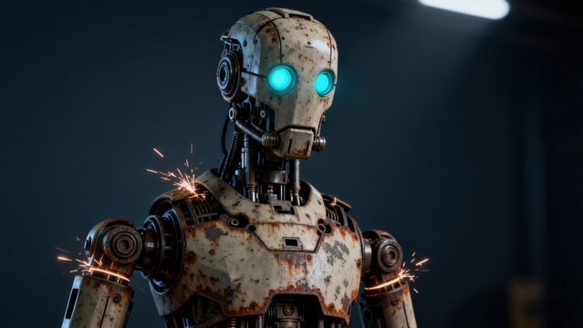 Rusty robot with glowing eyes