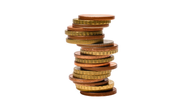 Tall stack of euro coins gold and copper, isolated on transparent background