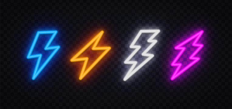 Set of 4 neon glowing lightning bolt icons in blue, orange, white and pink on dark transparent background. Electric thunder symbols for game, poster or energy brand design.