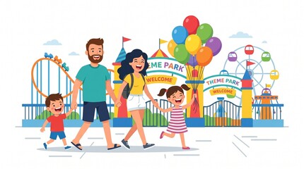 Fototapeta premium Happy family walking into a colorful theme park with rides and balloons on a sunny day