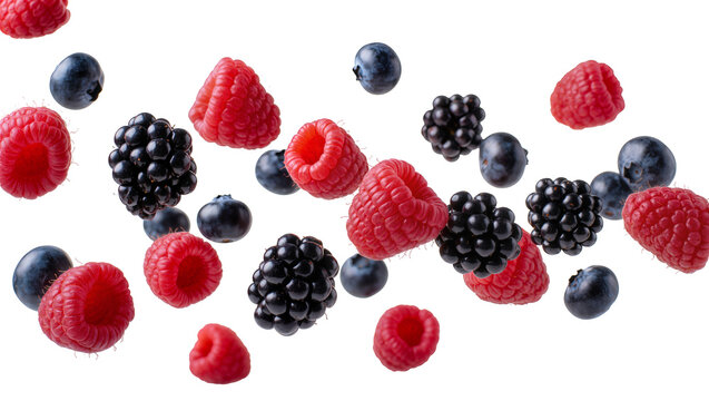 Assorted fresh raspberries and blueberries scattered, isolated on transparent background